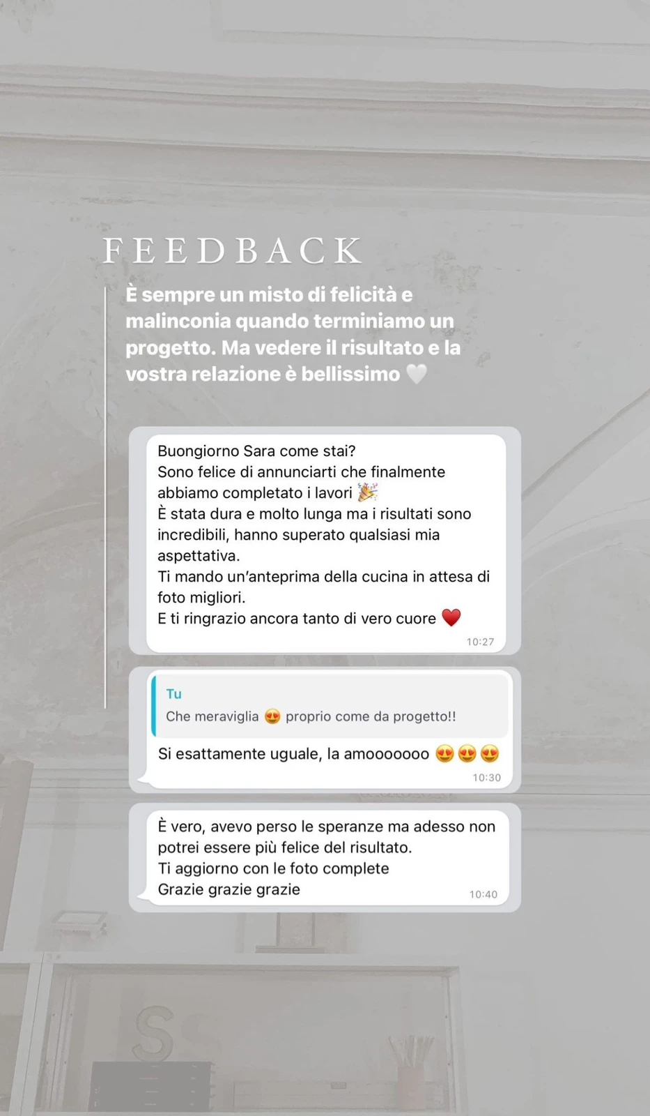 Feedback di una cliente StudioS via Instagram: Finalmente abbiamo completato i lavori: è stata dura e lunga, ma i risultati sono incredibili e hanno superato ogni mia aspettativa. Avevo perso le speranze e adesso non potrei essere più felice del risultato. Grazie di cuore.