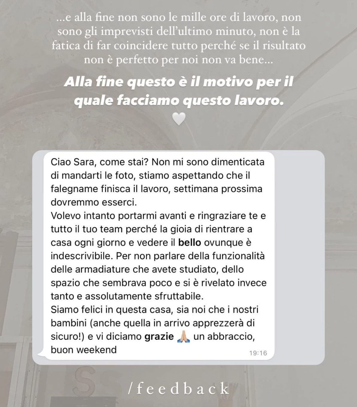 Feedback di una cliente StudioS via Instagram: Ho conosciuto lo studio tramite Instagram e mi sono innamorata del loro lavoro: professionali, attenti ai dettagli e super disponibili. Super soddisfatta.