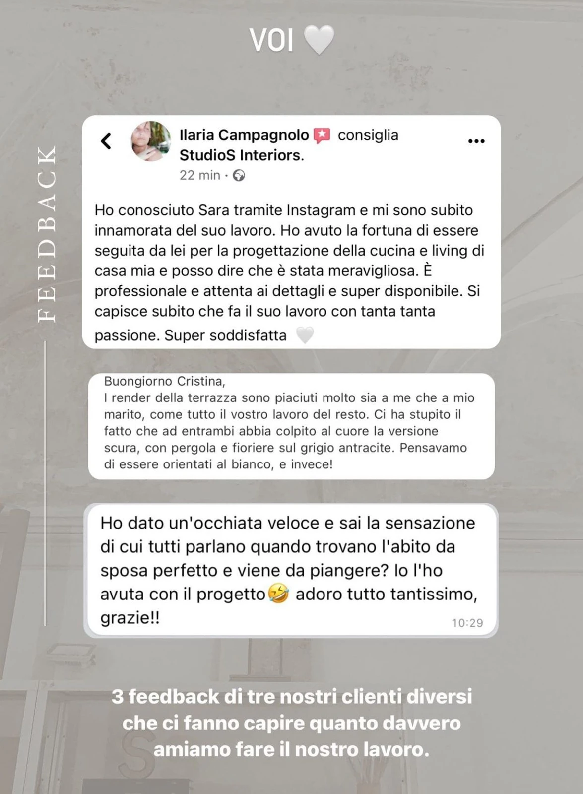 Feedback di una cliente StudioS via Instagram: Volevo ringraziare tutto il team per la gioia di rientrare a casa ogni giorno e vedere il bello ovunque. Siamo felici in questa casa.