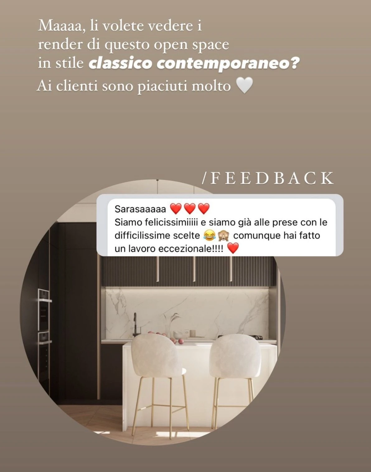 Feedback di una cliente StudioS via Instagram: Ho ricevuto la mail, le proposte sono bellissime: sono in crisi, mi piacciono entrambe! Grazie di tutto.