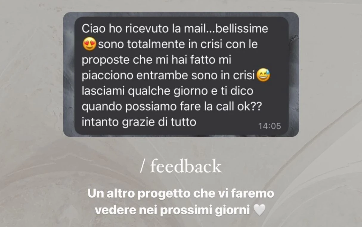 Feedback di una cliente StudioS via Instagram: Il vostro supporto e a 360 gradi quando lavorate al progetto, e non e affatto scontato. Ci avete supportati in un momento delicato.