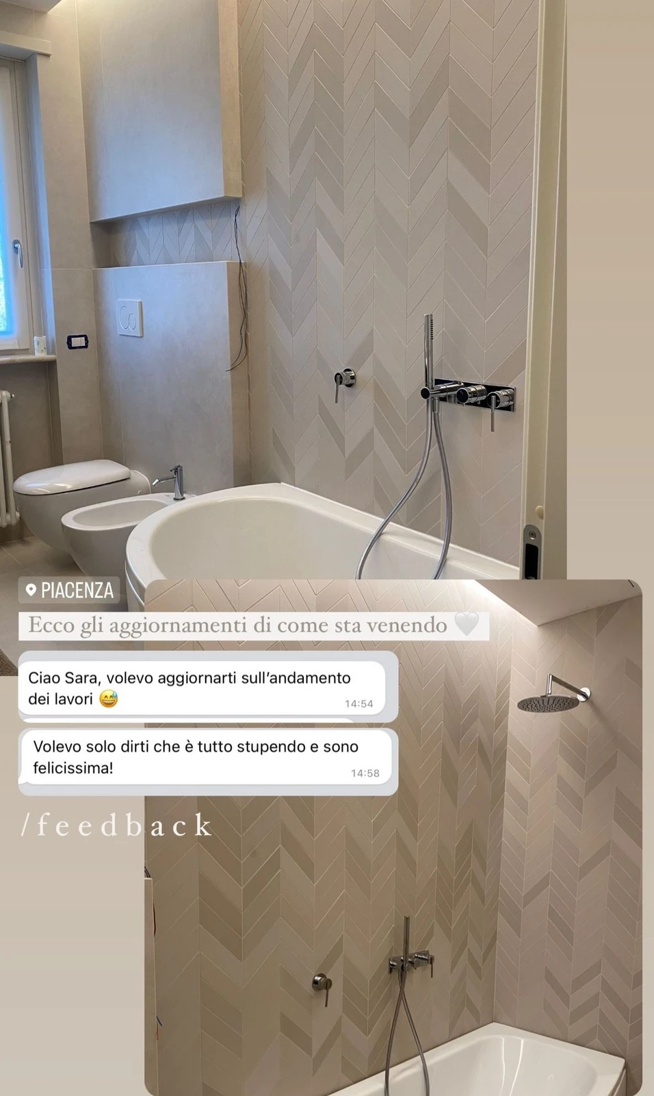 Feedback di una cliente StudioS via Instagram: Volevo aggiornarvi sull'andamento dei lavori: e tutto stupendo e sono felicissima!