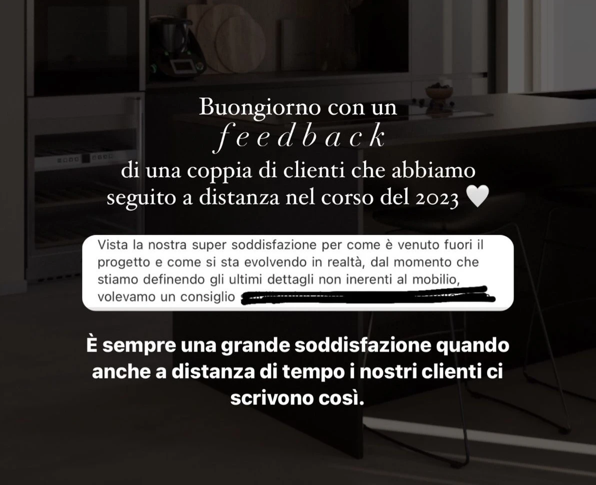 Feedback di una cliente StudioS via Instagram: Vista la nostra super soddisfazione per come e venuto il progetto e come si sta evolvendo: e sempre una grande soddisfazione quando, anche a distanza di tempo, i clienti scrivono cosi.