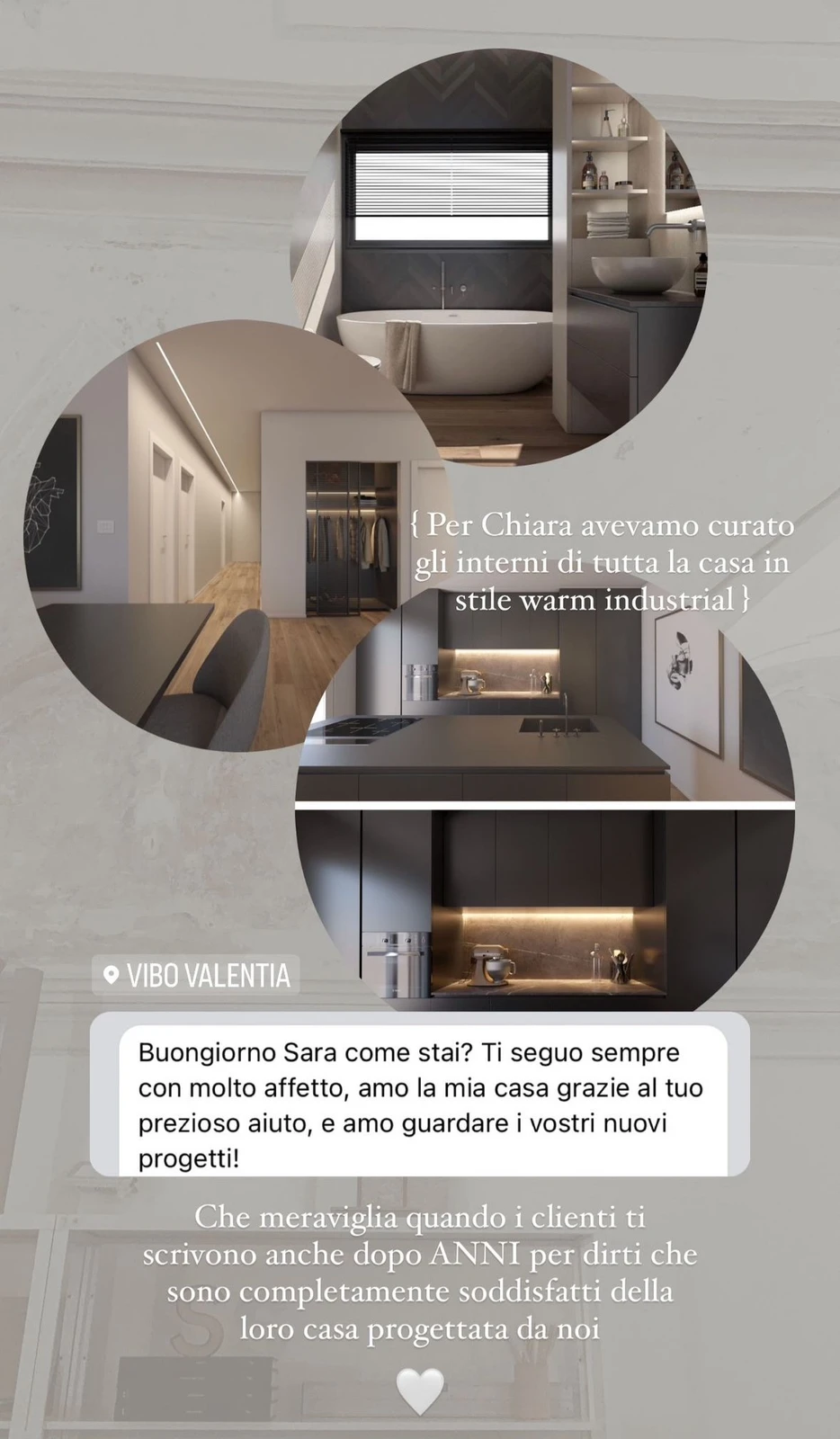 Feedback di una cliente StudioS via Instagram: Vi seguo sempre con molto affetto, amo la mia casa grazie al vostro prezioso aiuto, e amo guardare i vostri nuovi progetti!