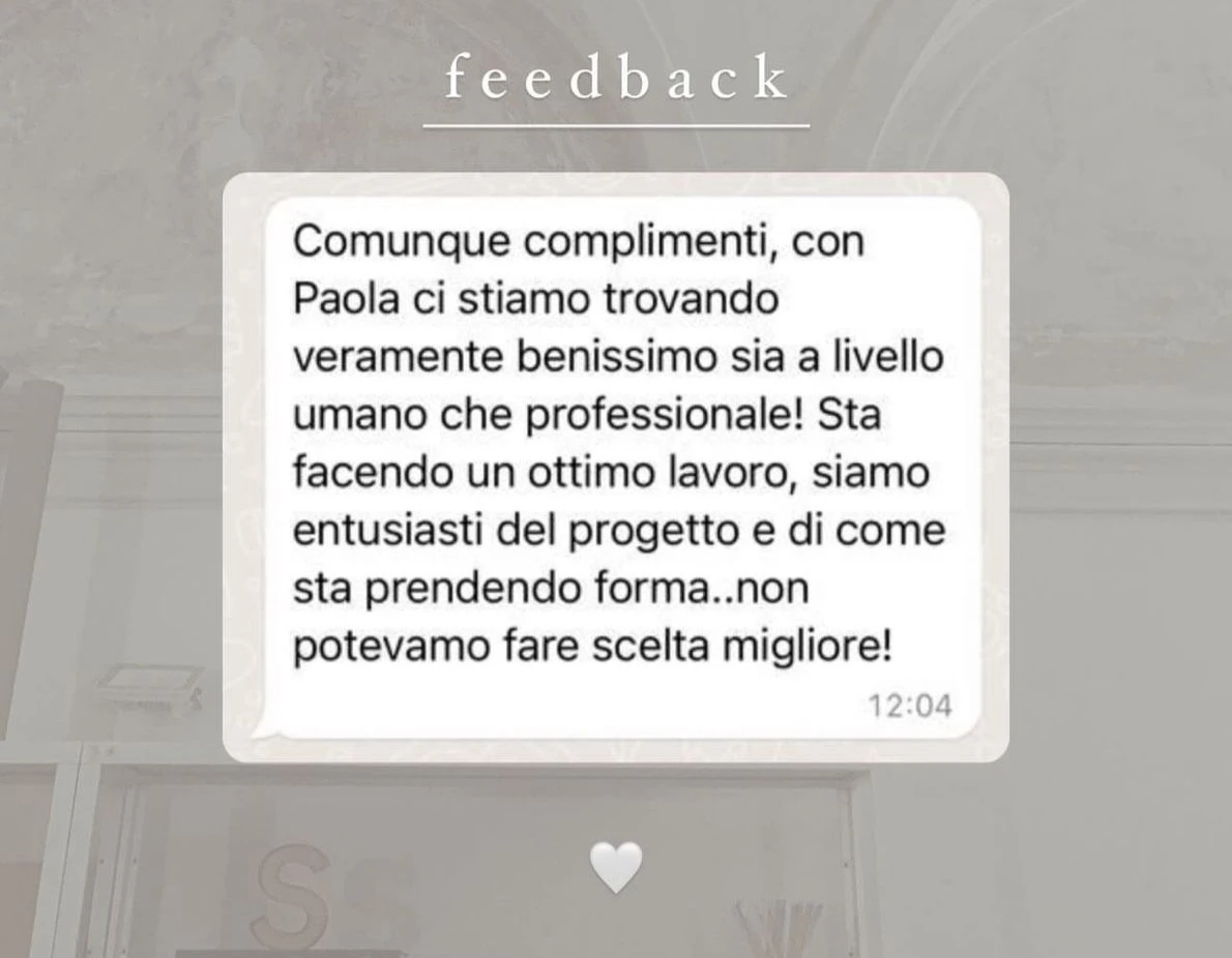 Feedback di una cliente StudioS via Instagram: Comunque complimenti, ci stiamo trovando veramente benissimo sia a livello umano che professionale. State facendo un ottimo lavoro, siamo entusiasti del progetto: non potevamo fare scelta migliore!