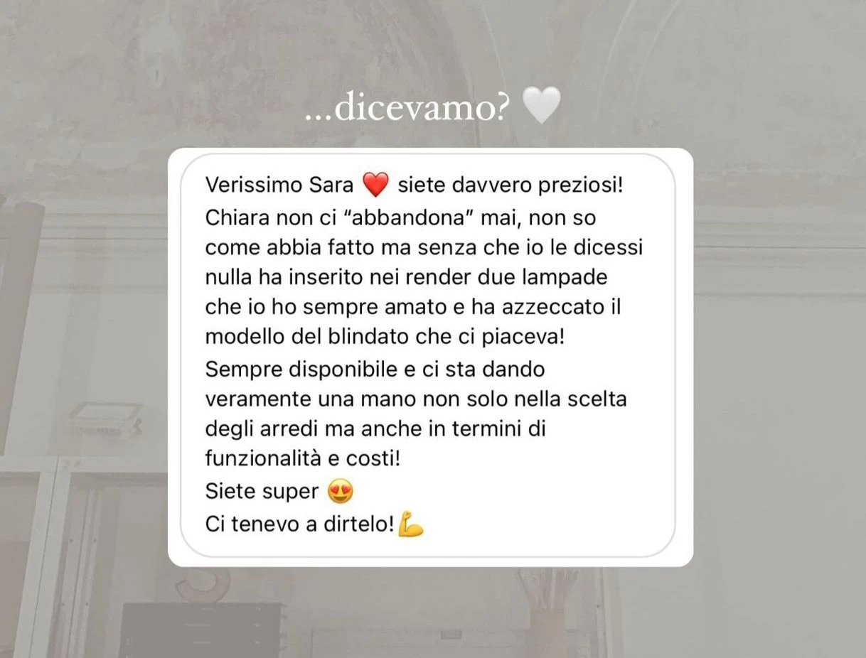 Feedback di una cliente StudioS via Instagram: Verissimo, siete davvero preziosi! Sempre disponibili e ci date una mano non solo nella scelta degli arredi ma anche in termini di funzionalita e costi. Siete super.