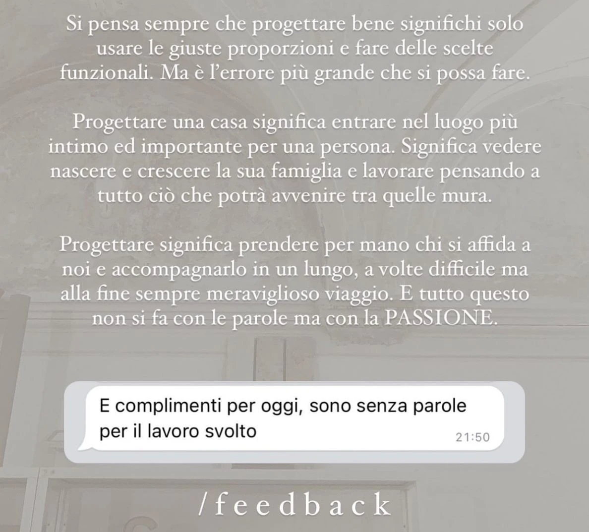 Feedback di una cliente StudioS via Instagram: Grazie mille per i preziosissimi consigli che ci avete dato in videocall, davvero molto utili e professionali.