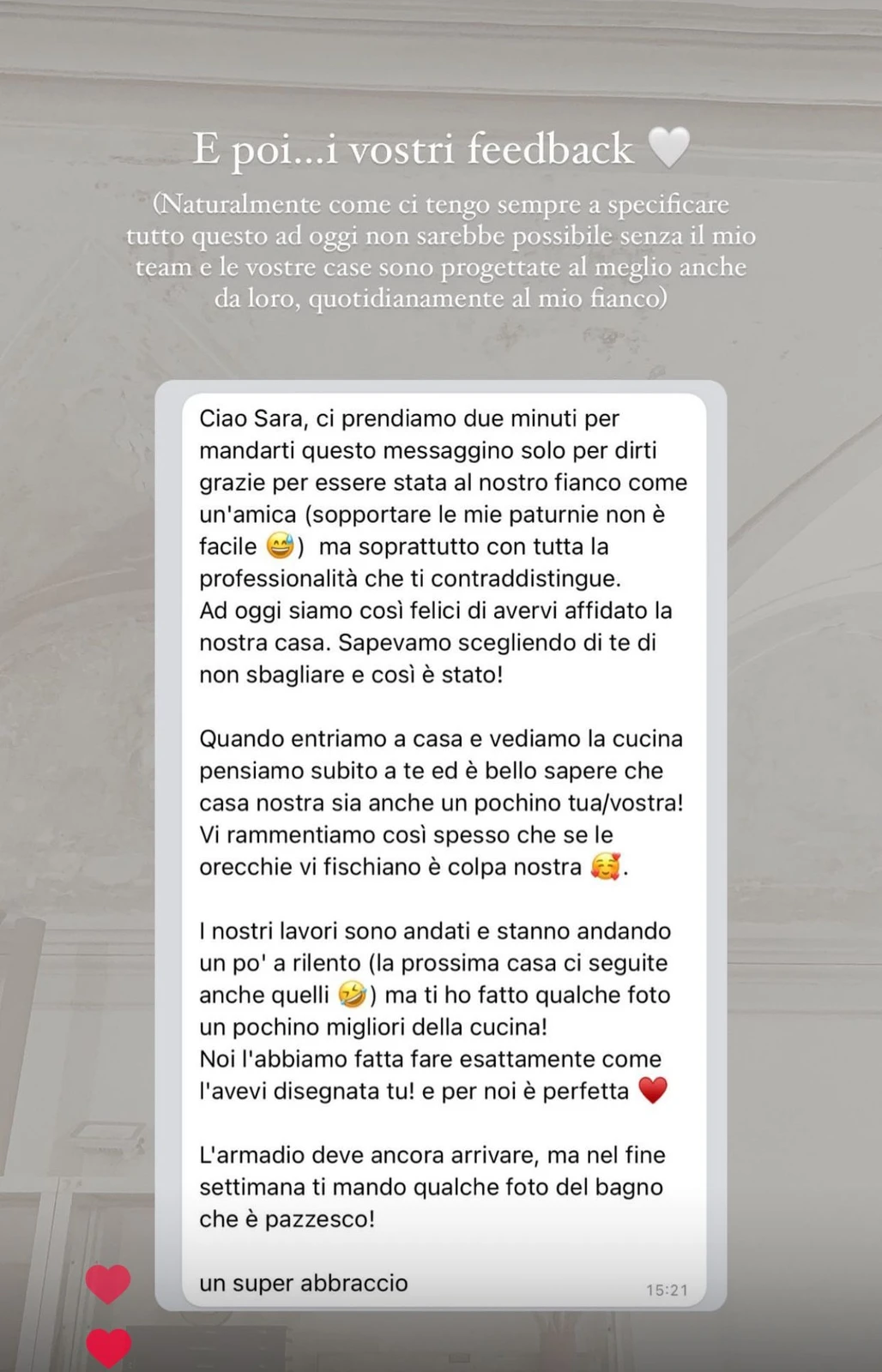 Feedback di una cliente StudioS via Instagram: Volevamo ringraziarvi del prezioso aiuto nel progettare e ridefinire gli arredi del nostro open space. Siete state bravissime, professionali, mi sono sentita seguita e compresa fin dalla prima call. Una meraviglia.