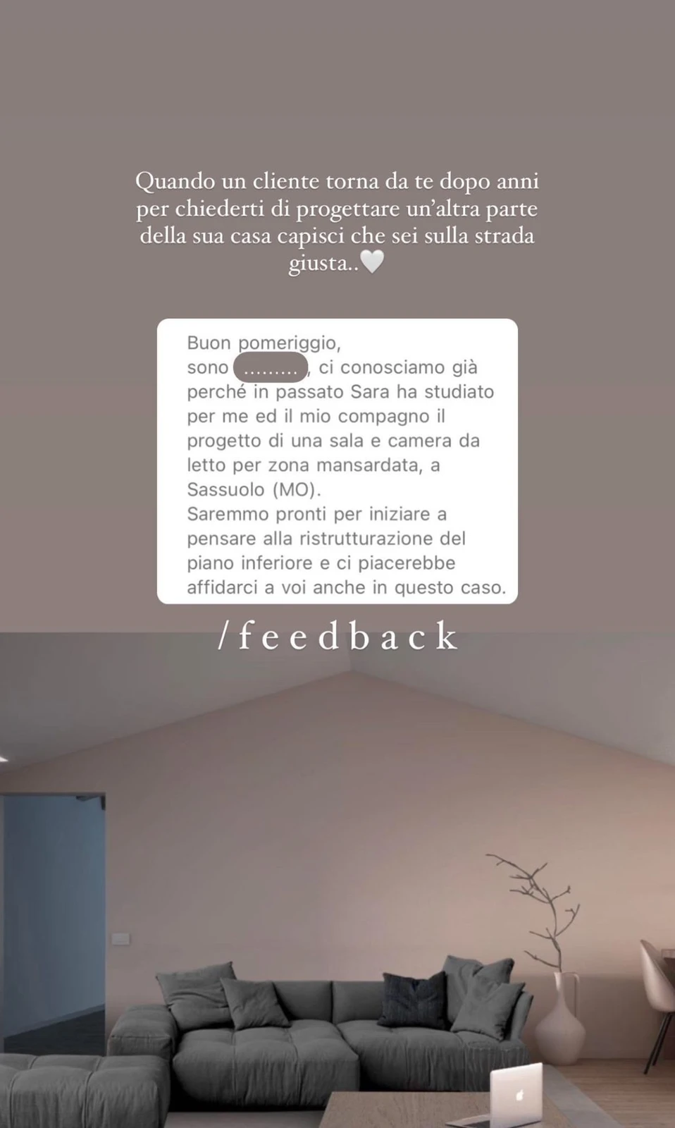 Feedback di una cliente StudioS via Instagram: Grazie per essere stati al nostro fianco come amici: quando entriamo in casa e vediamo la cucina pensiamo subito a voi. L'avete fatta esattamente come l'avevo disegnata e per noi e perfetta.