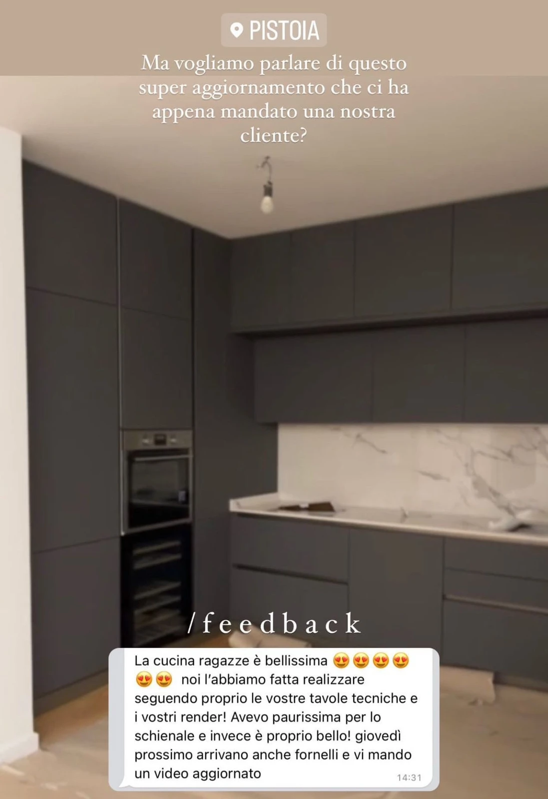 Feedback di una cliente StudioS via Instagram: Scusate il disturbo, abbiamo appena visto la mail con il progetto ed e veramente favoloso! Domani vi rispondiamo con calma a tutto, buona serata e grazie!