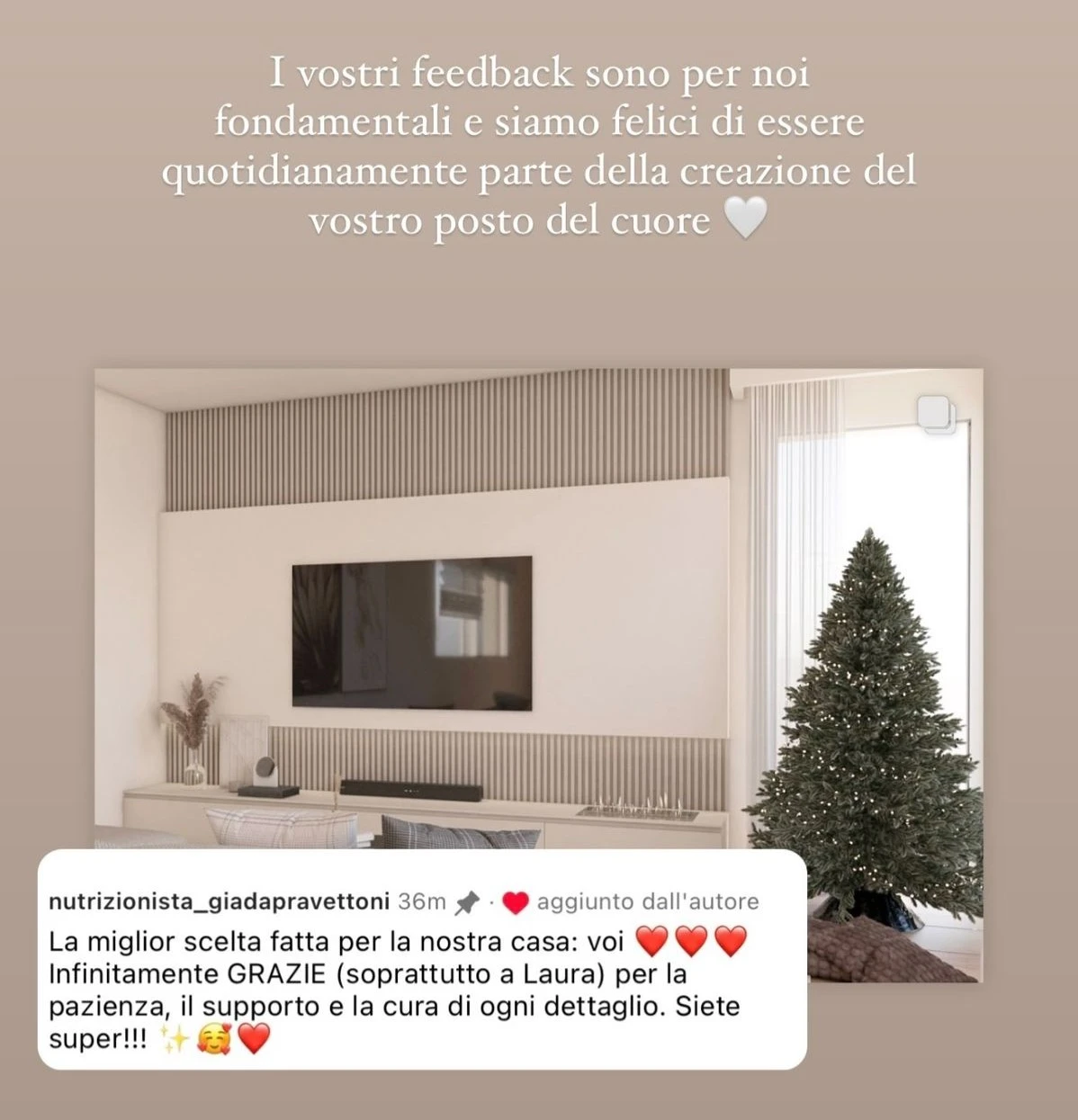 Feedback di una cliente StudioS via Instagram: La miglior scelta fatta per la nostra casa: voi. Infinitamente grazie per la pazienza, il supporto e la cura di ogni dettaglio. Siete super!